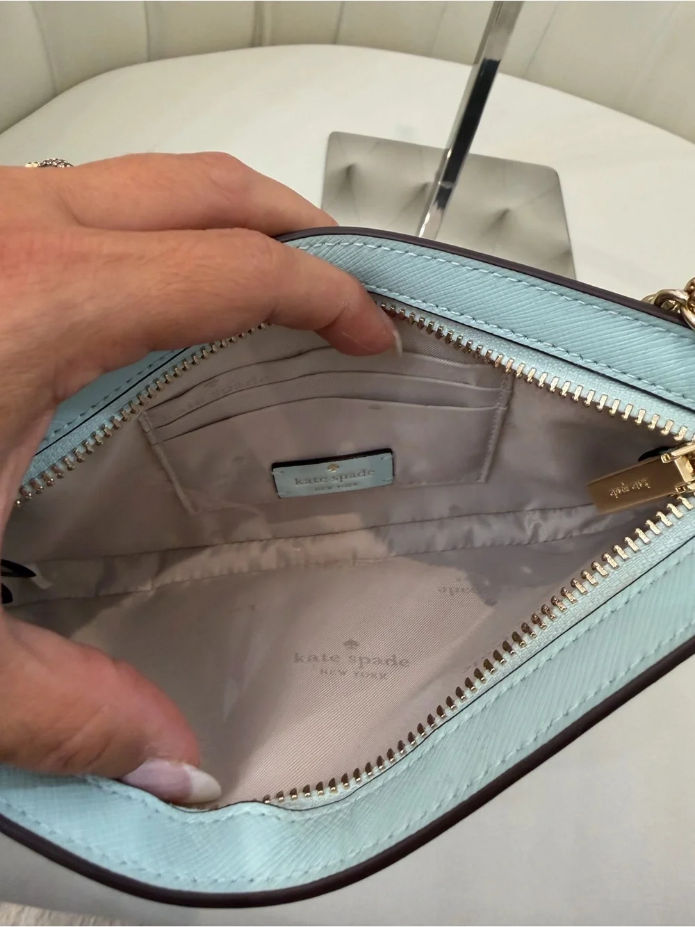 kate spade light blue leather shoulder bag with gold chain
